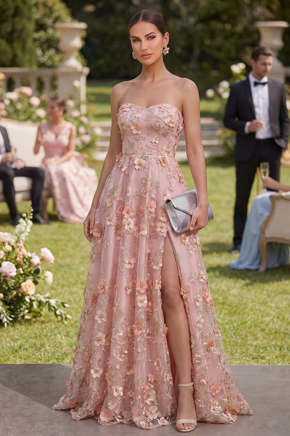 Pink Orange Floral Strapless A Line Maxi Wedding Guest Dress with Pearls