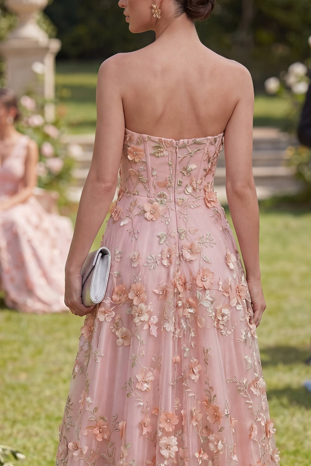 Pink Orange Floral Strapless A Line Maxi Wedding Guest Dress with Pearls