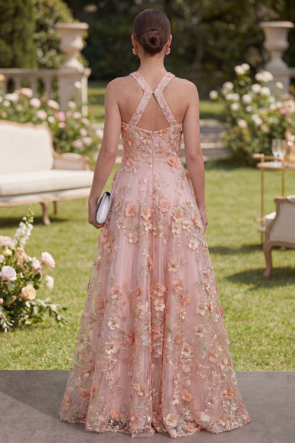 Pink Orange Floral Halter A Line Maxi Wedding Guest Dress with Pearls