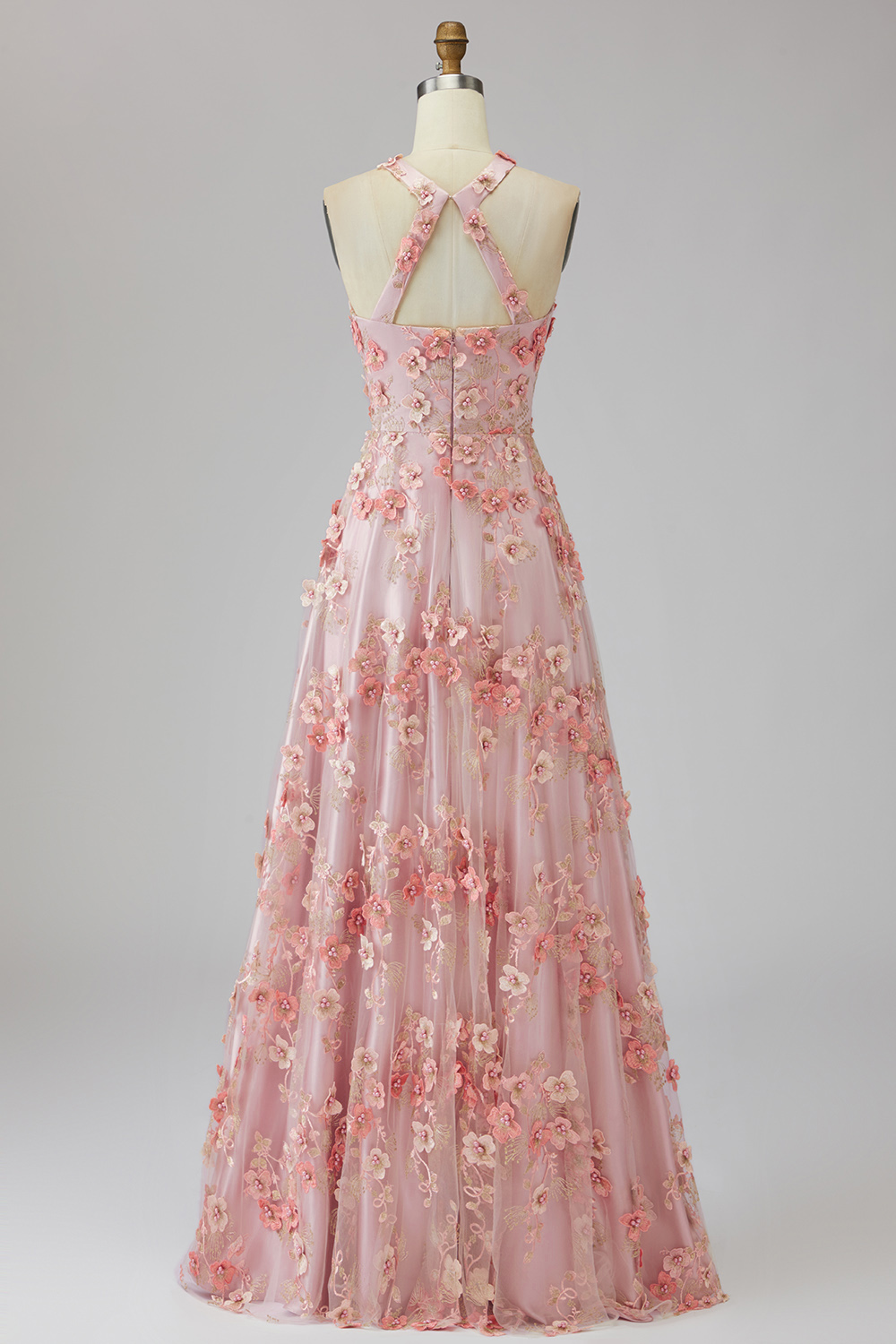 Pink Orange Floral Halter A Line Maxi Wedding Guest Dress with Pearls