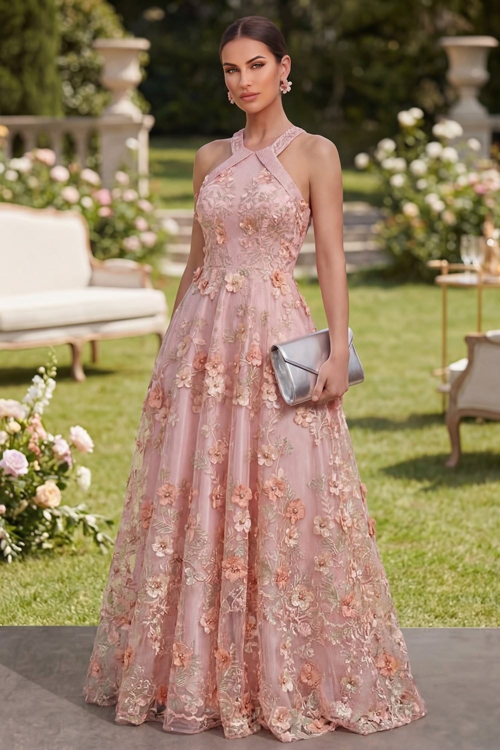 Pink Orange Floral Halter A Line Maxi Wedding Guest Dress with Pearls