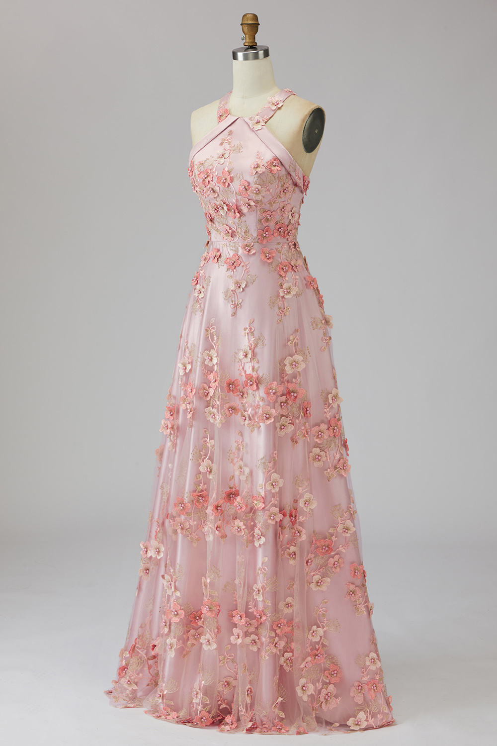 Pink Orange Floral Halter A Line Maxi Wedding Guest Dress with Pearls