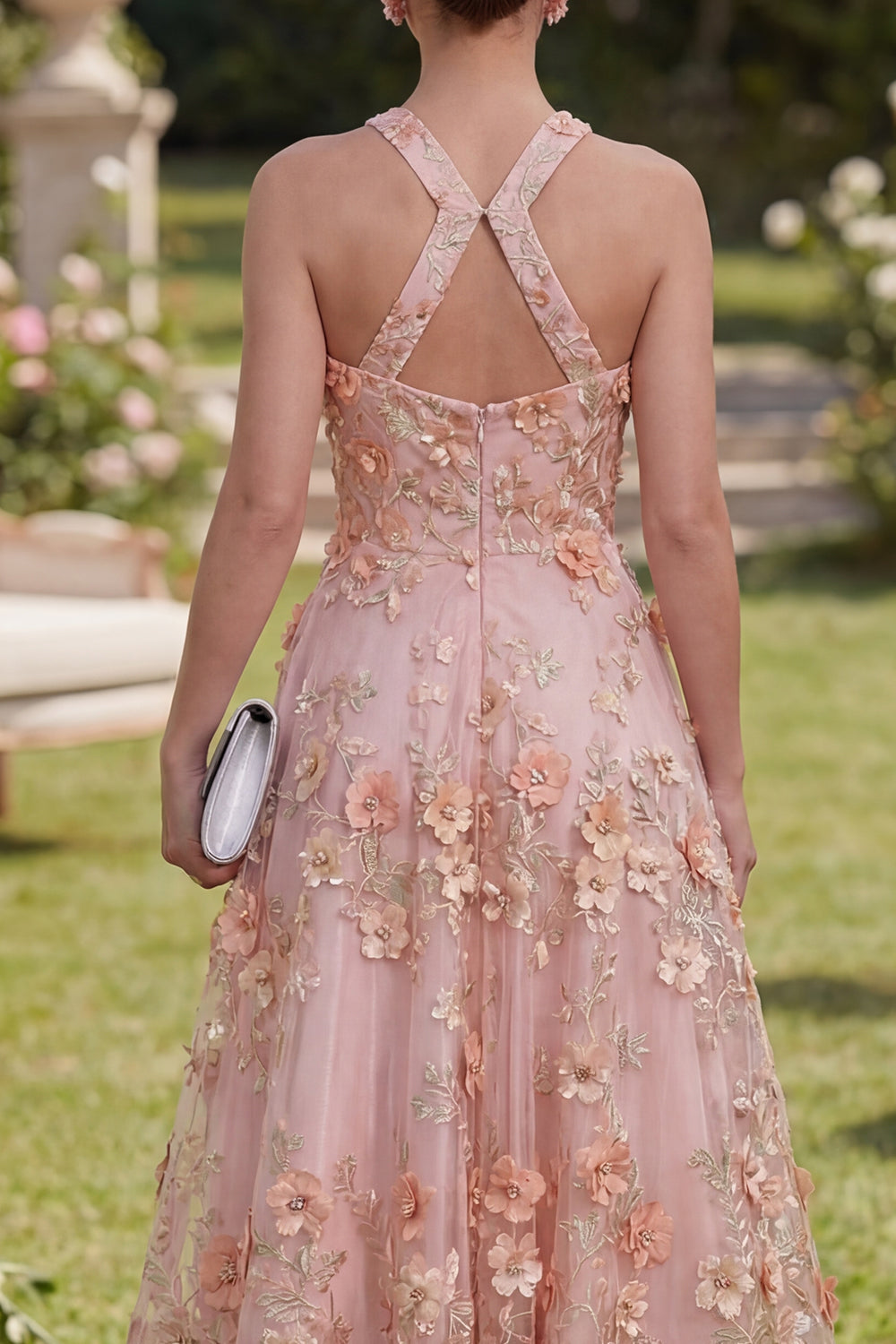 Pink Orange Floral Halter A Line Maxi Wedding Guest Dress with Pearls