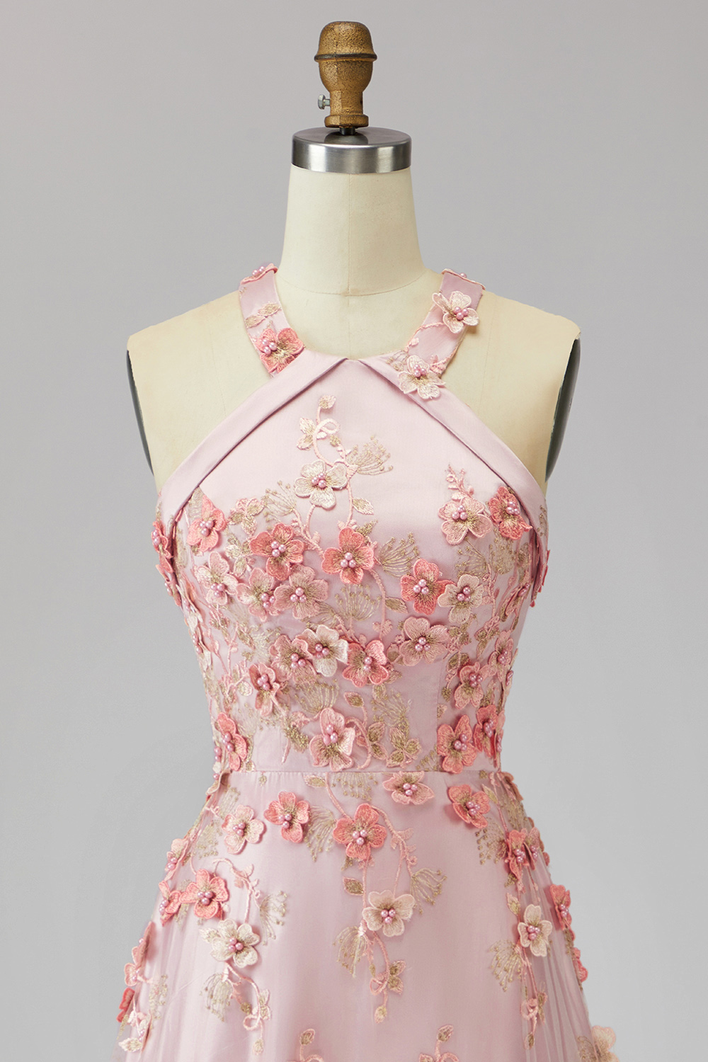 Pink Orange Floral Halter A Line Maxi Wedding Guest Dress with Pearls