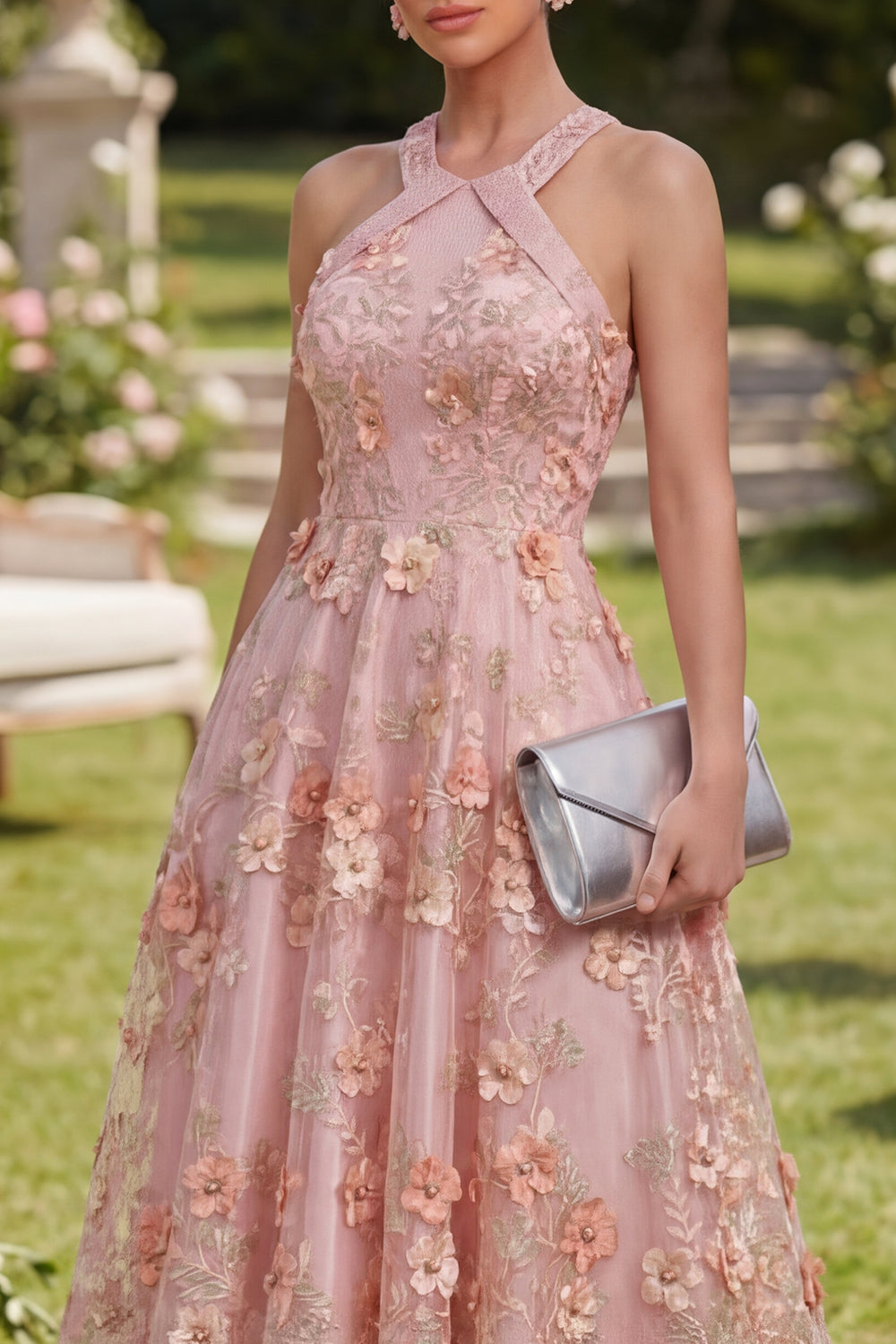 Pink Orange Floral Halter A Line Maxi Wedding Guest Dress with Pearls