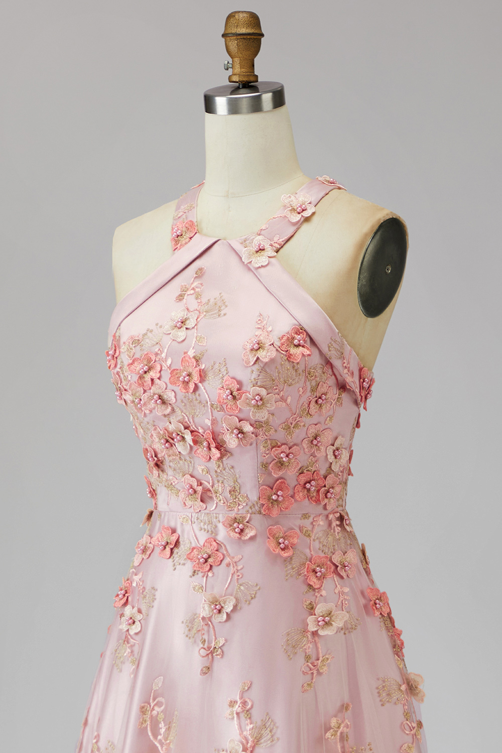 Pink Orange Floral Halter A Line Maxi Wedding Guest Dress with Pearls