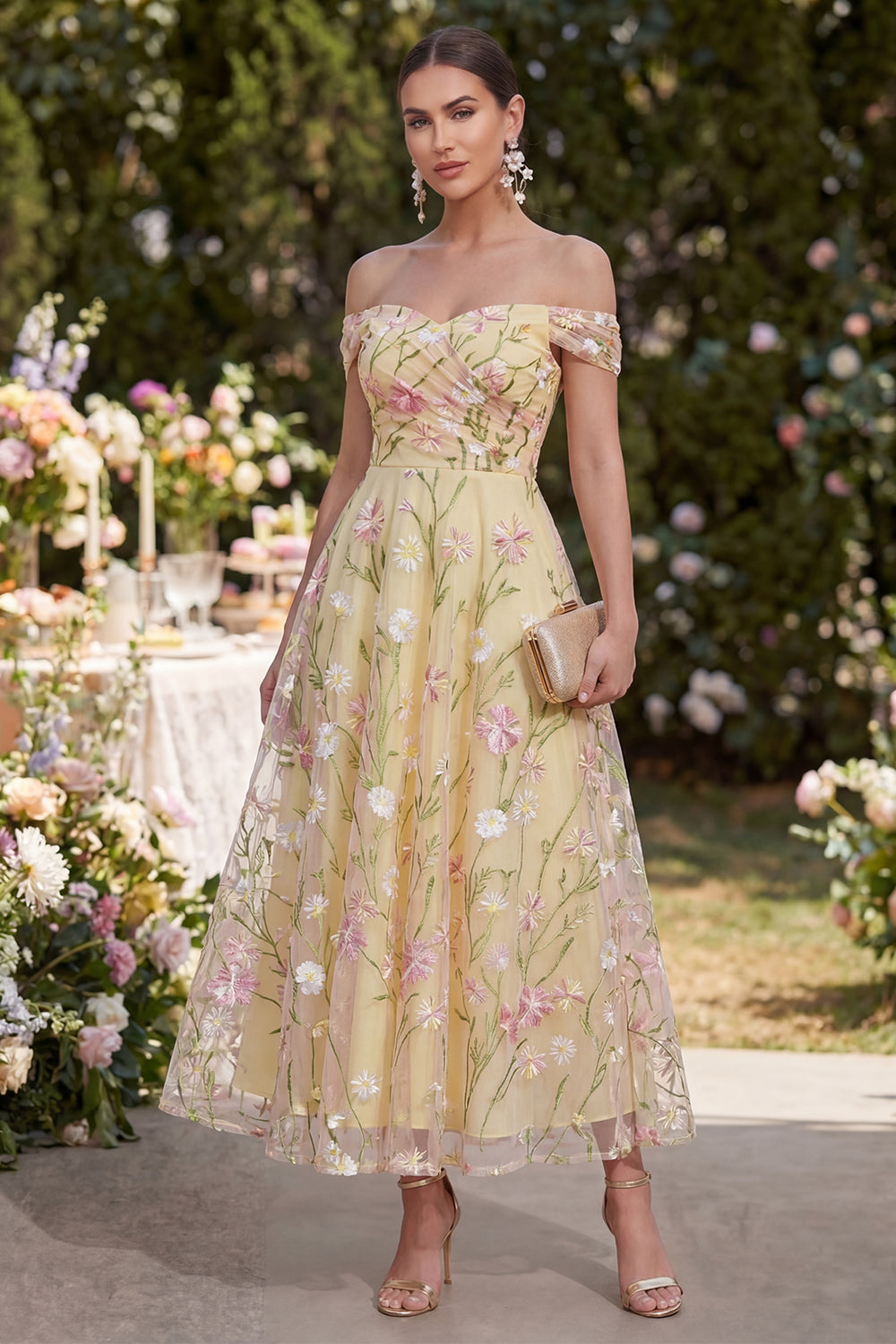 Light Yellow A Line Ruched Off the Shoulder Floral Maxi Wedding Guest Dress