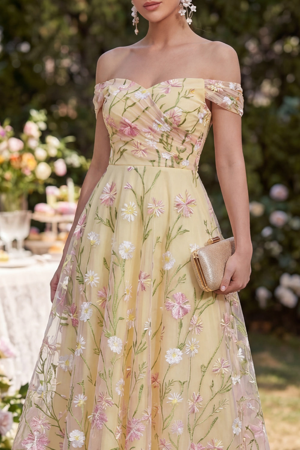 Light Yellow A Line Ruched Off the Shoulder Floral Maxi Wedding Guest Dress