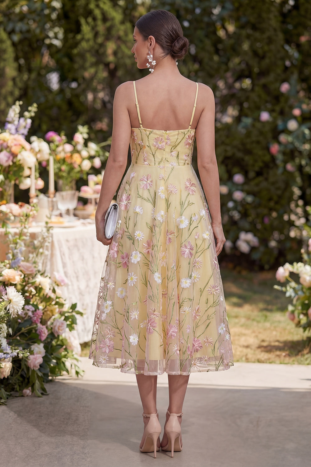 Floral Light Yellow Corset A Line Spaghetti Straps Maxi Wedding Guest Dress