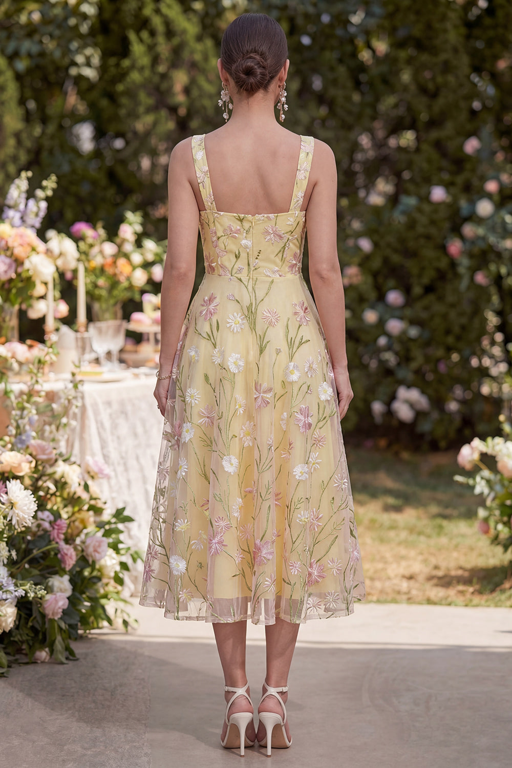 Light Yellow Thick Straps Floral A Line Maxi Wedding Guest Dress