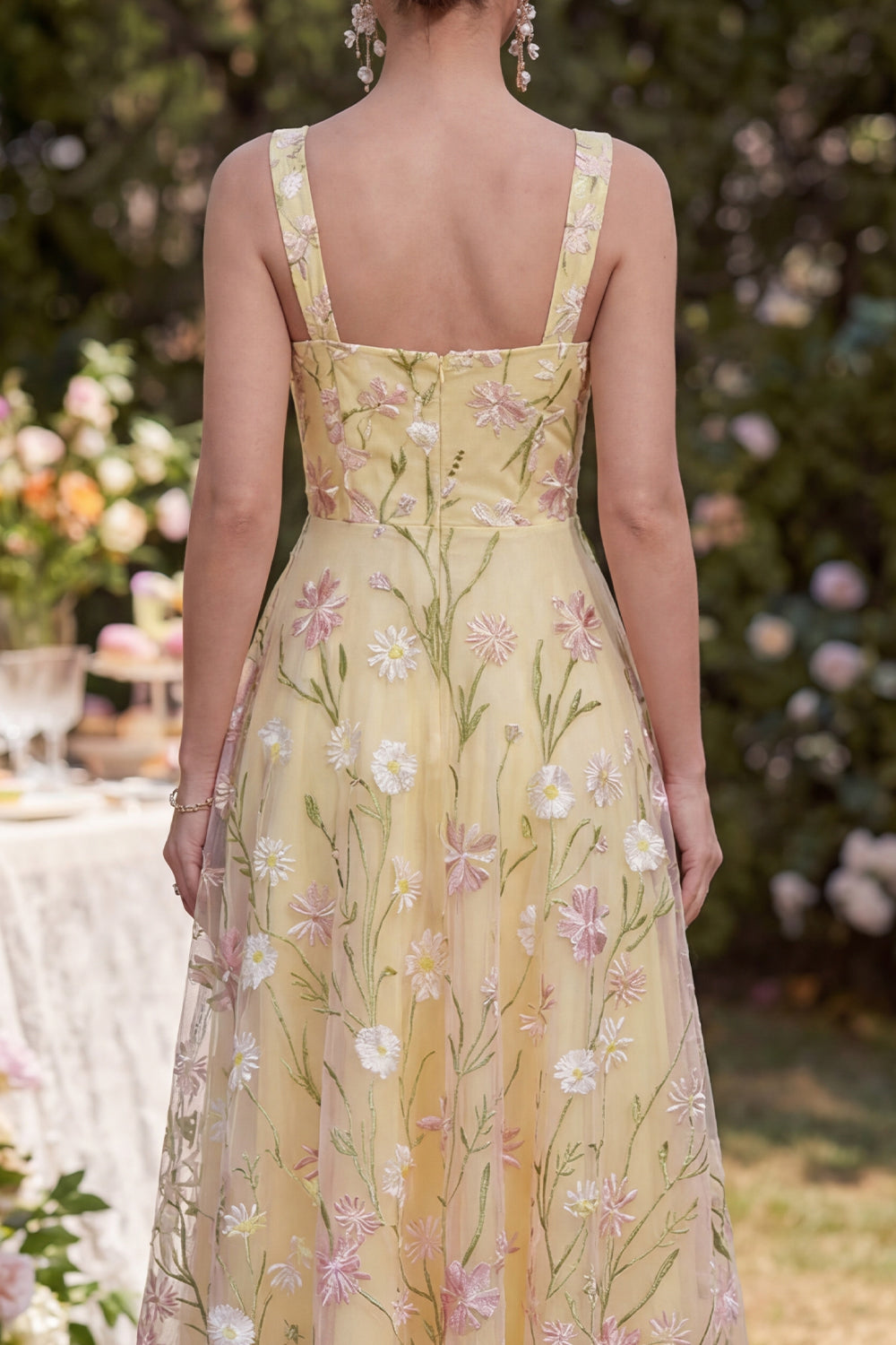 Light Yellow Thick Straps Floral A Line Maxi Wedding Guest Dress