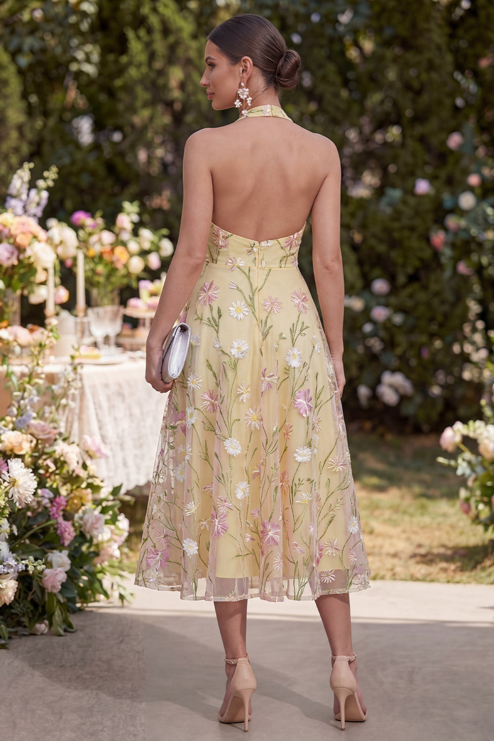 Light Yellow A Line Halter Backless Floral Maxi Wedding Guest Dress