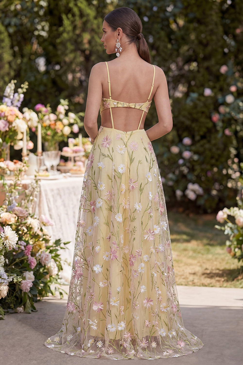 Light Yellow A Line Cut Out Ruched Floral Maxi Wedding Guest Dress with Slit