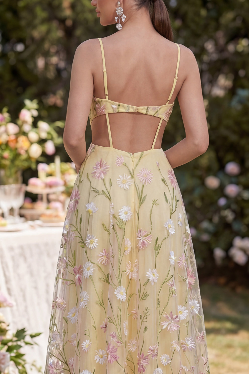 Light Yellow A Line Cut Out Ruched Floral Maxi Wedding Guest Dress with Slit