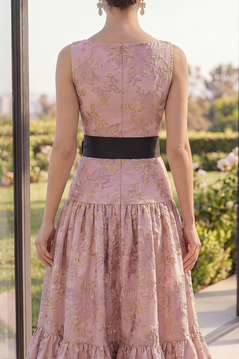 Boat Neck Blush A Line Jacquard Long Wedding Guest Dress with Bow