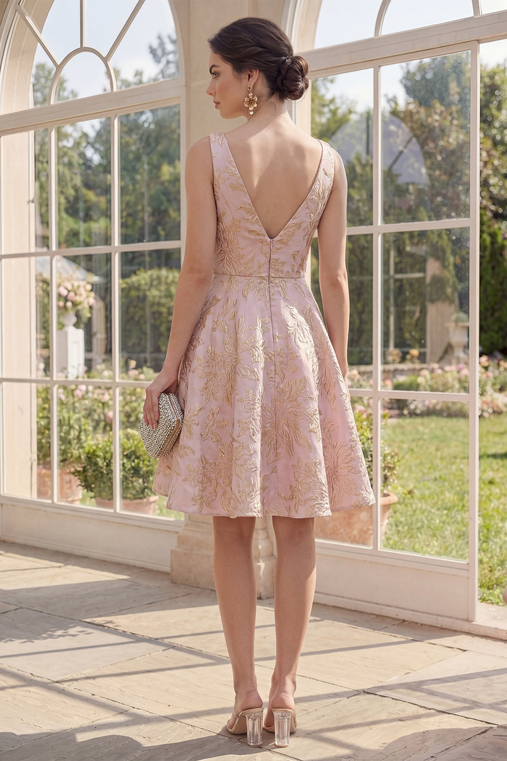 Blush V-Neck A Line Jacquard Short Floral Wedding Guest Dress