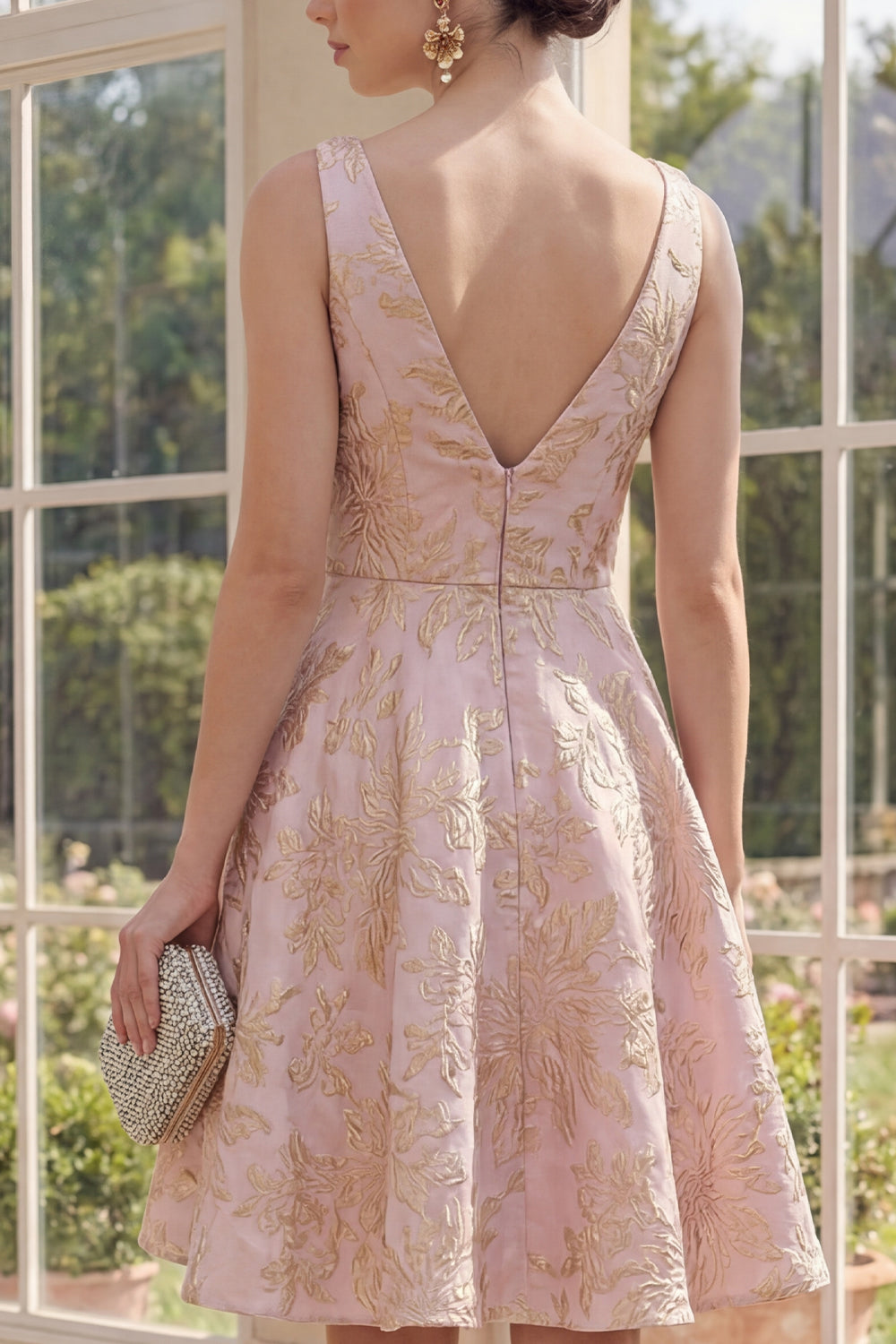 Blush V-Neck A Line Jacquard Short Floral Wedding Guest Dress