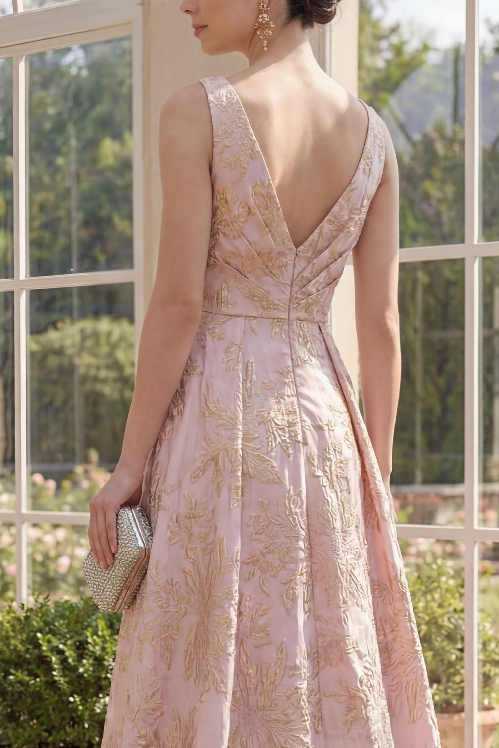 Blush Jacquard Ruched V-Neck High Low A Line Floral Wedding Guest Dress