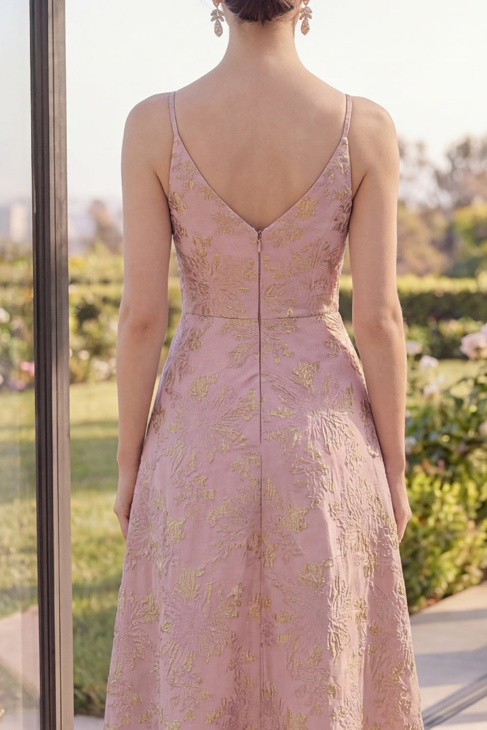 Blush Jacquard V Neck Long A Line Floral Wedding Guest Dress with Slit