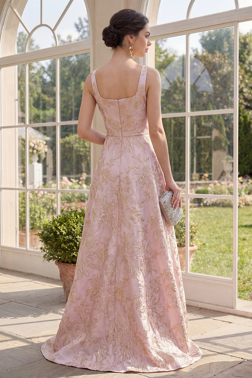 Blush Square Neck A Line Jacquard Floral Long Wedding Guest Dress