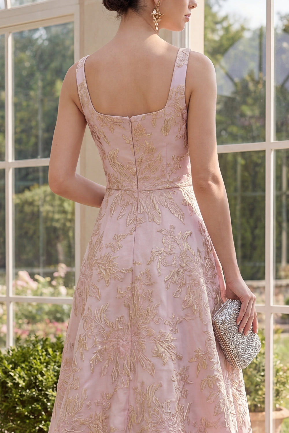 Blush Square Neck A Line Jacquard Floral Long Wedding Guest Dress