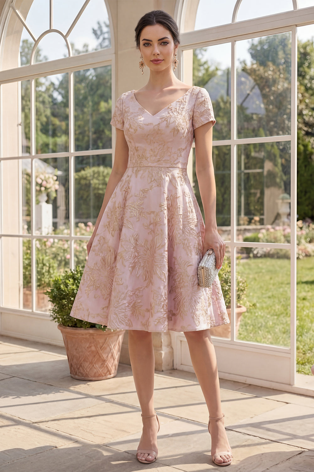 Blush V-Neck A Line Floral Jacquard Short Sleeves Wedding Guest Dress