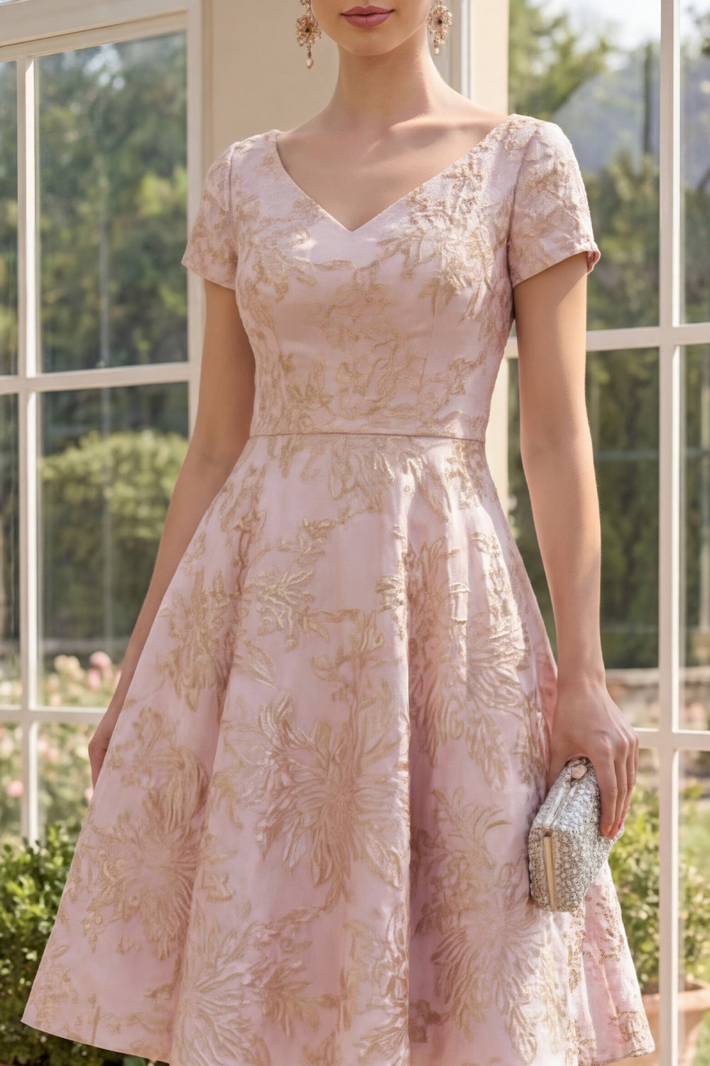 Blush V-Neck A Line Floral Jacquard Short Sleeves Wedding Guest Dress
