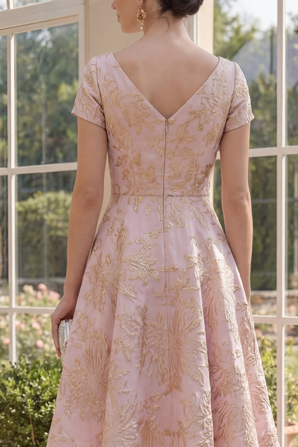 Blush V-Neck A Line Floral Jacquard Short Sleeves Wedding Guest Dress