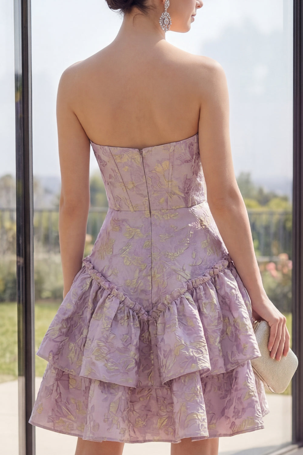 Dusty Lilac Basque Waist A Line Jacquard Short Corset Wedding Guest Dress with Ruffles