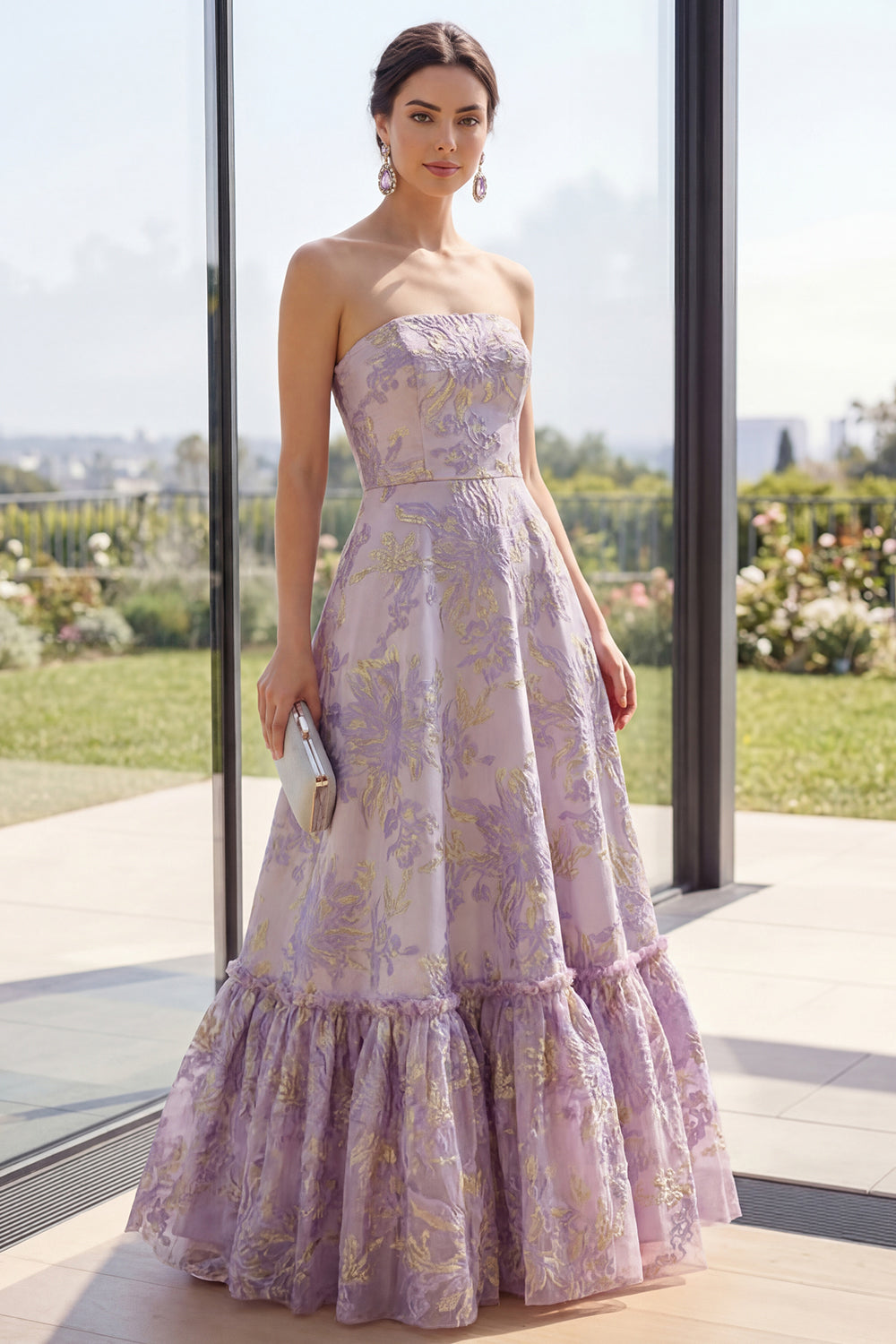Dusty Lilac Floral Strapless Jacquard A Line Long Wedding Guest Dress