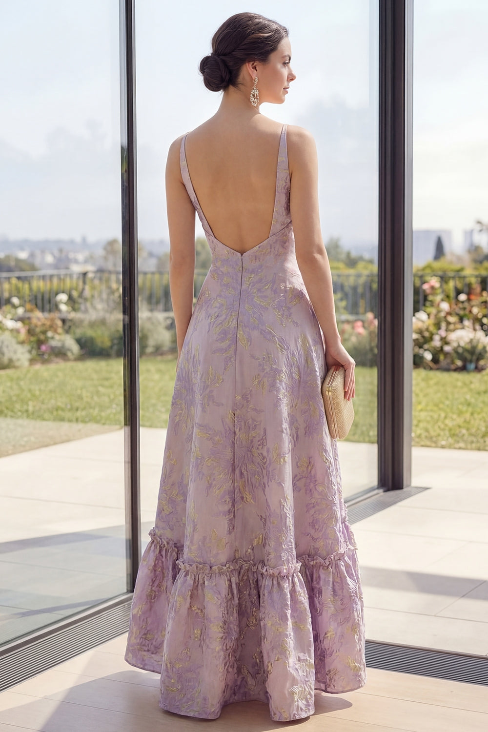 Dusty Lilac V-Neck Backless Long Jacquard A Line Floral Wedding Guest Dress