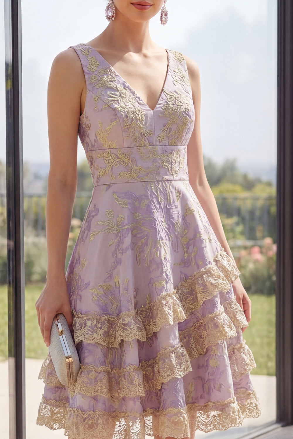 Dusty Lilac Jacquard Short V-Neck A Line Wedding Guest Dress with Ruffles