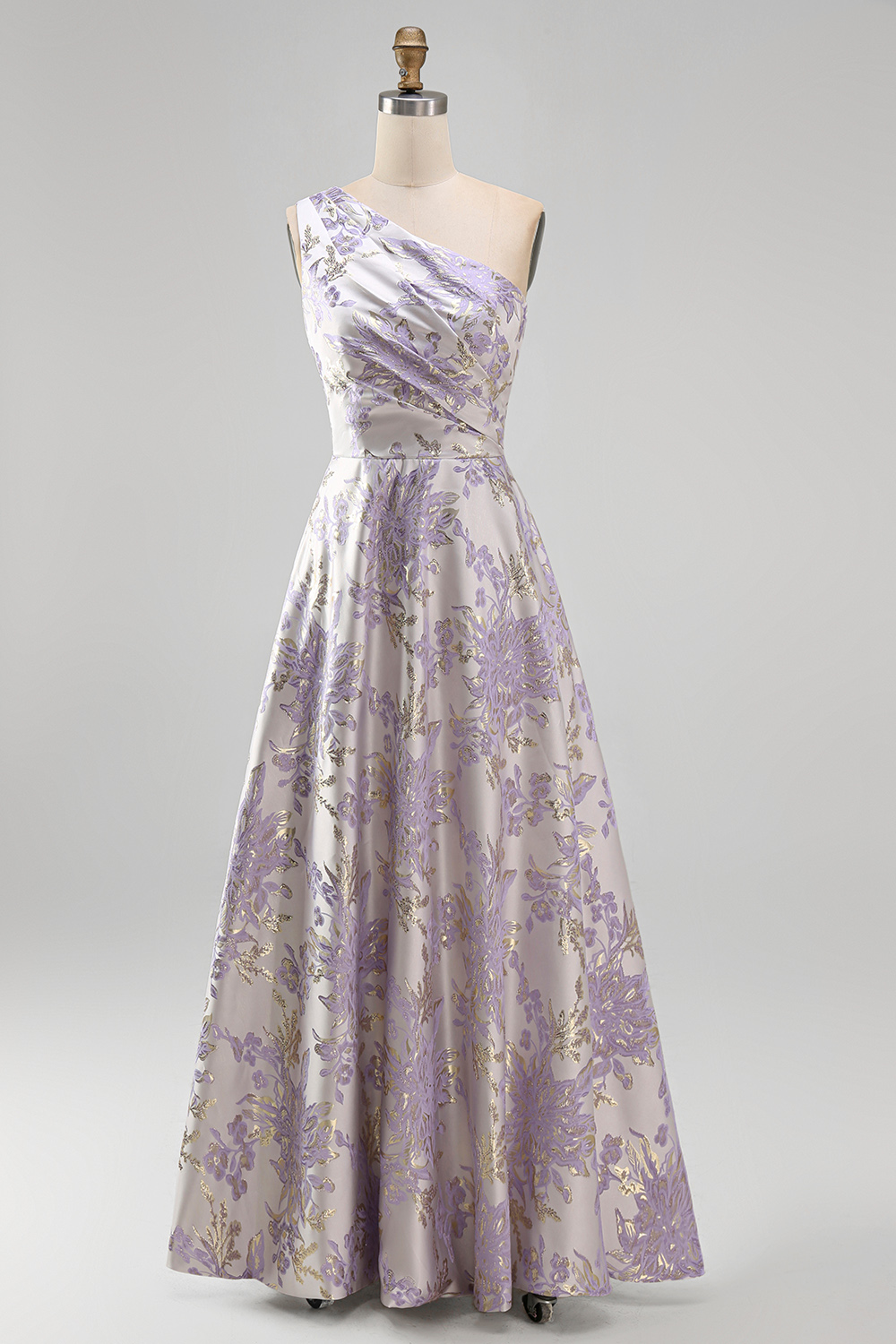 Dusty Lilac One Shoulder Ruched Long Jacquard A Line Floral Wedding Guest Dress