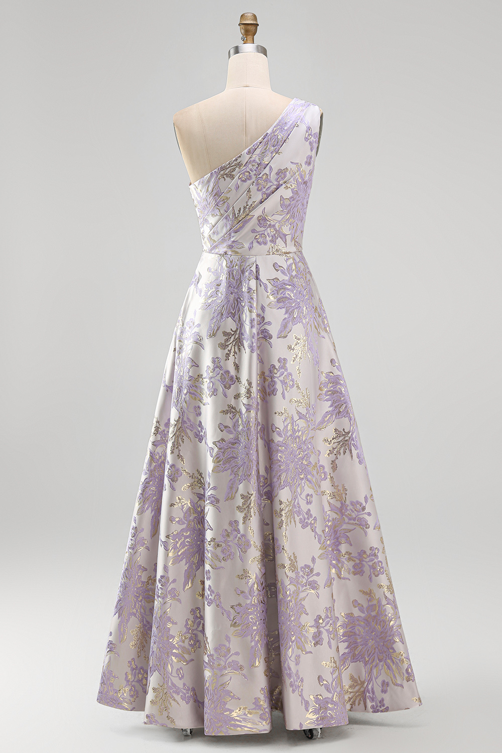 Dusty Lilac One Shoulder Ruched Long Jacquard A Line Floral Wedding Guest Dress
