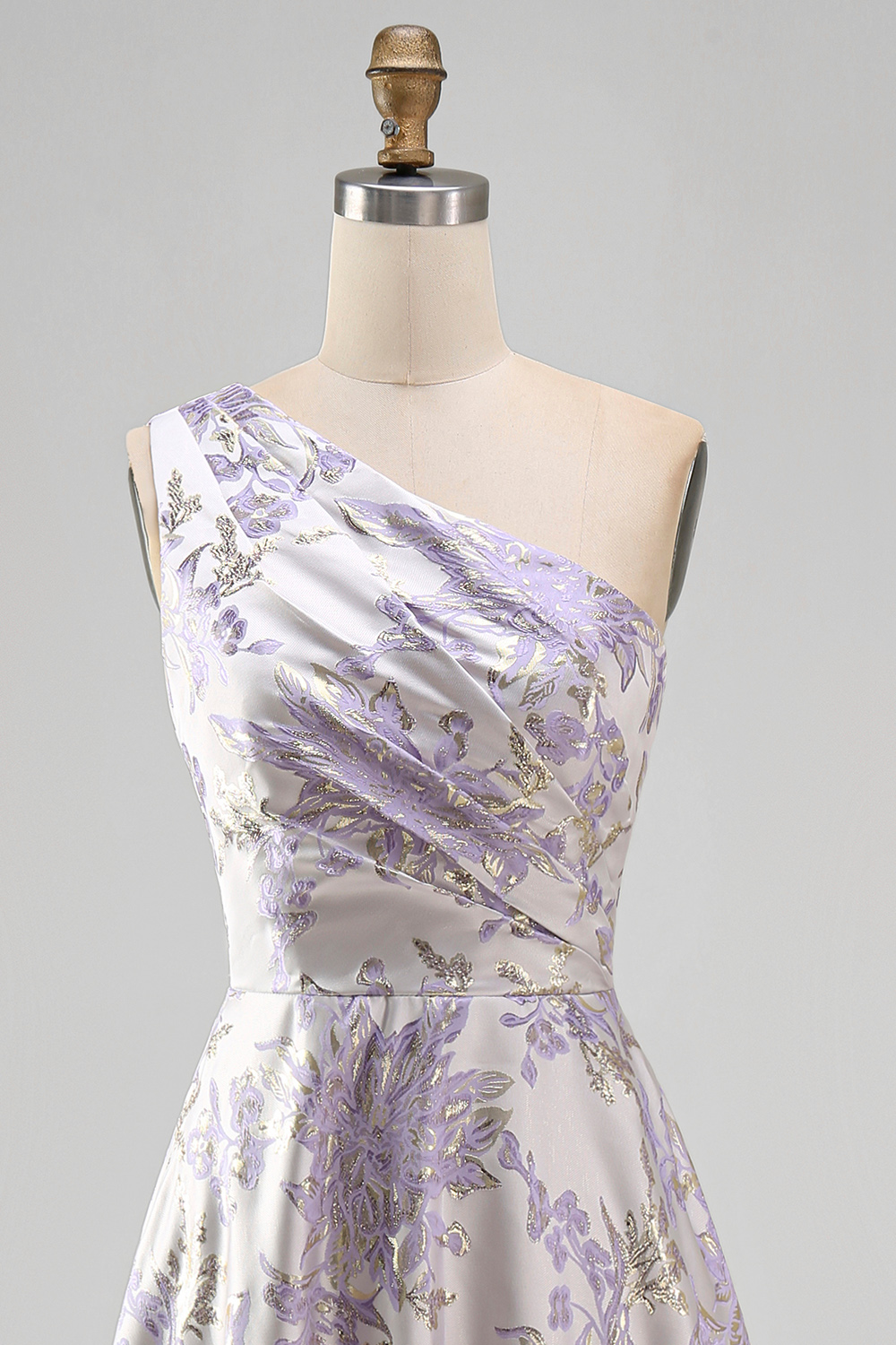 Dusty Lilac One Shoulder Ruched Long Jacquard A Line Floral Wedding Guest Dress