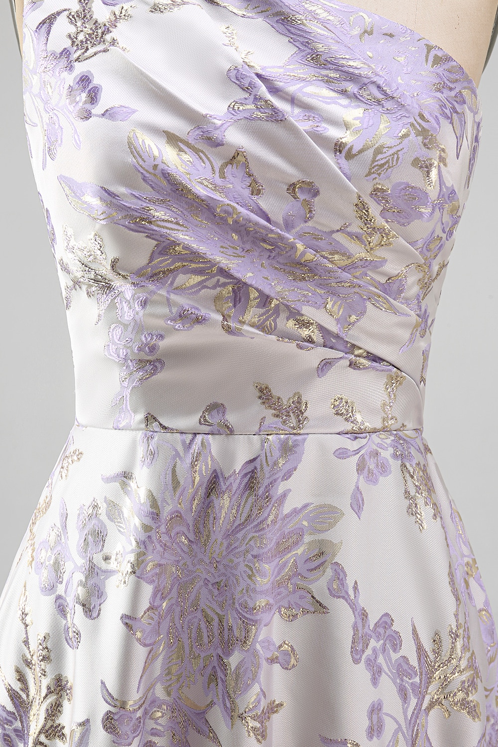 Dusty Lilac One Shoulder Ruched Long Jacquard A Line Floral Wedding Guest Dress