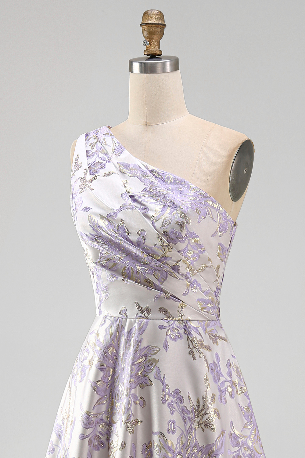 Dusty Lilac One Shoulder Ruched Long Jacquard A Line Floral Wedding Guest Dress