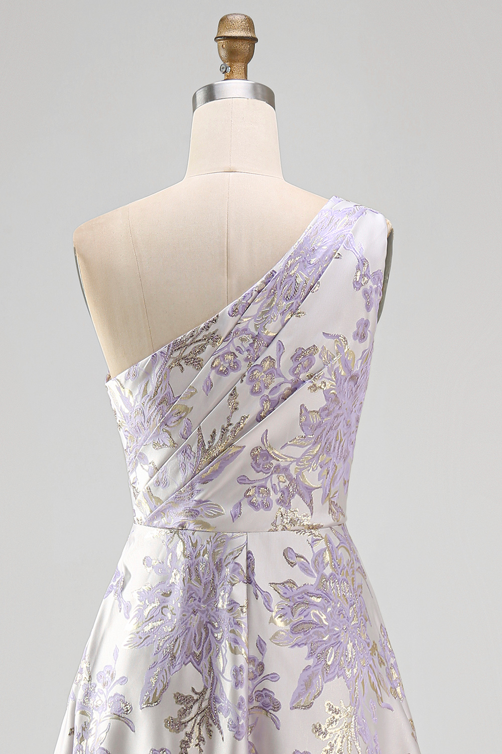 Dusty Lilac One Shoulder Ruched Long Jacquard A Line Floral Wedding Guest Dress