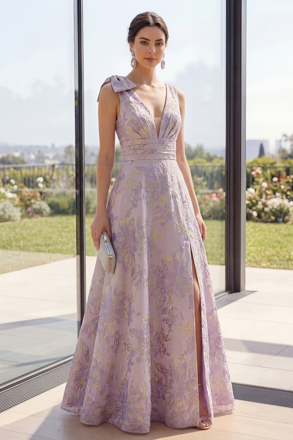 Dusty Lilac Ruched Jacquard A Line Long Floral V-Neck Wedding Guest Dress with Slit