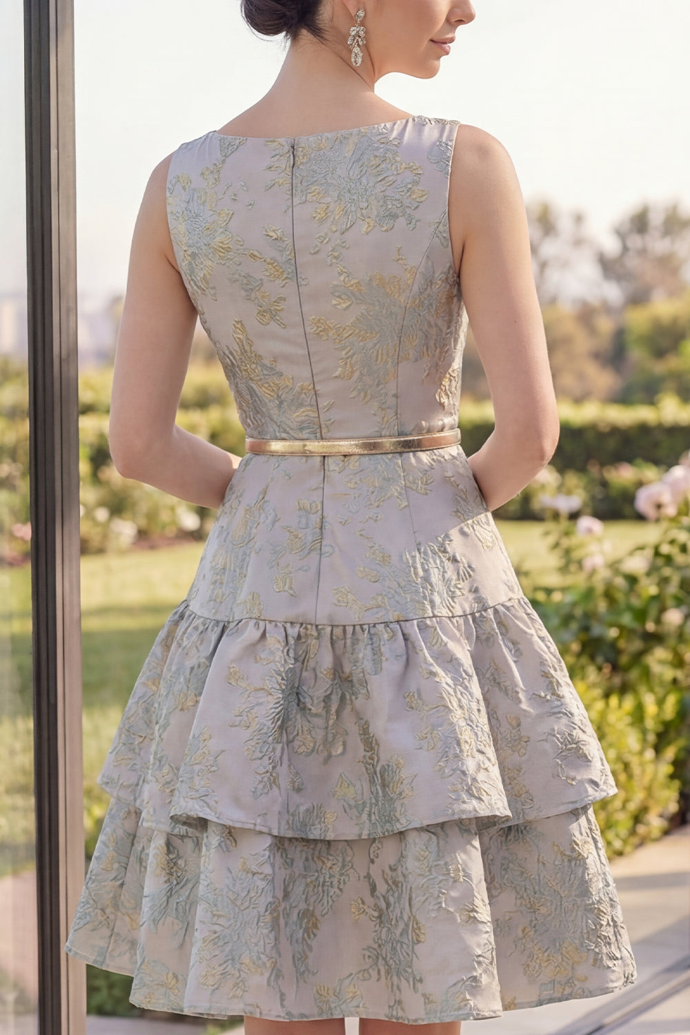 A Line Dusty Blue Boat Neck Jacquard Ruffled Short Wedding Guest Dress with Belt