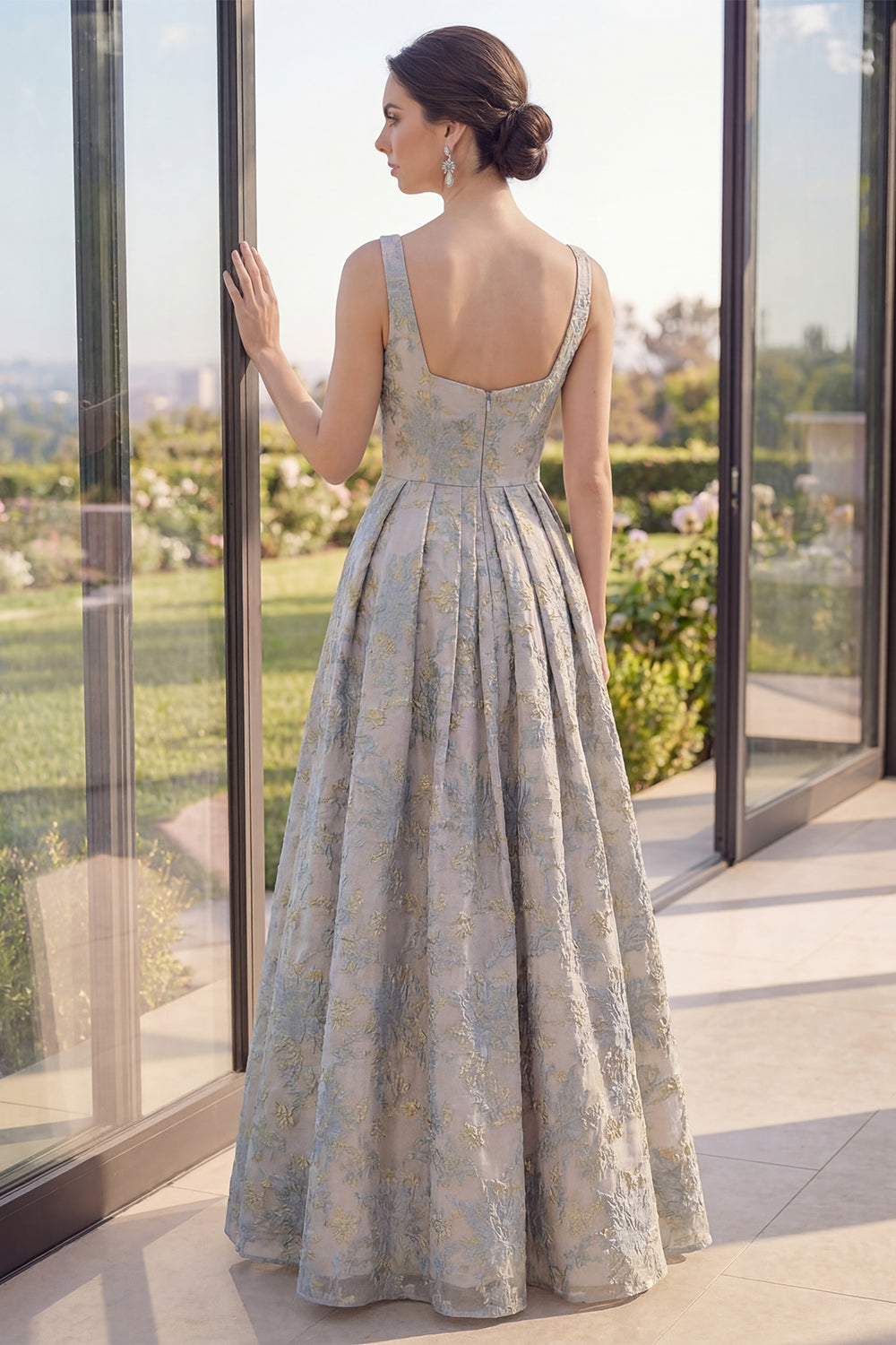 Dusty Blue Floral Thick Straps Jacquard A Line Long Wedding Guest Dress
