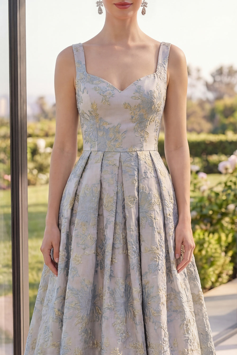 Dusty Blue Floral Thick Straps Jacquard A Line Long Wedding Guest Dress