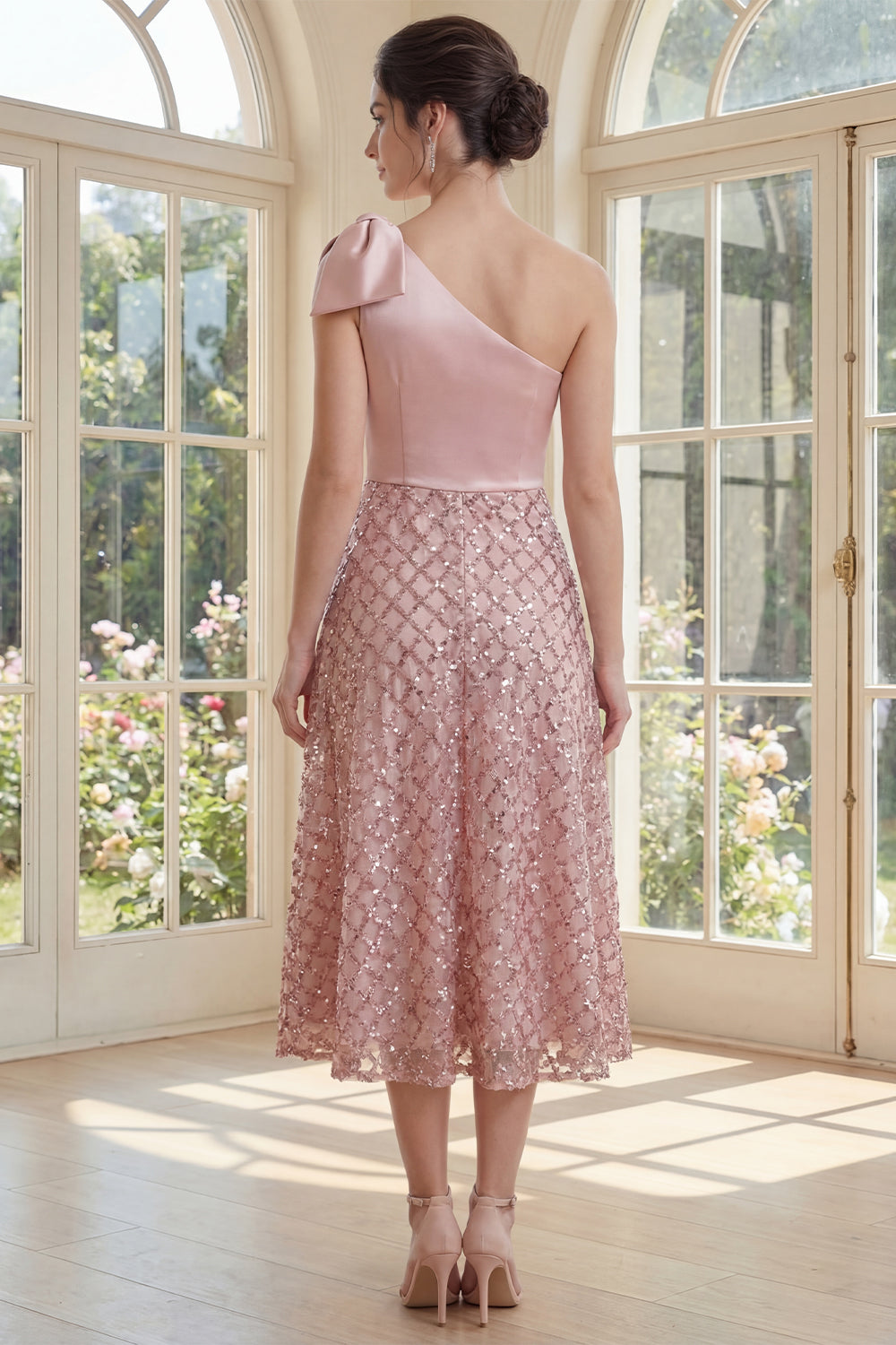 Sparkly Sequin One Shoulder Blush A Line Maxi Wedding Guest Dress with Bow