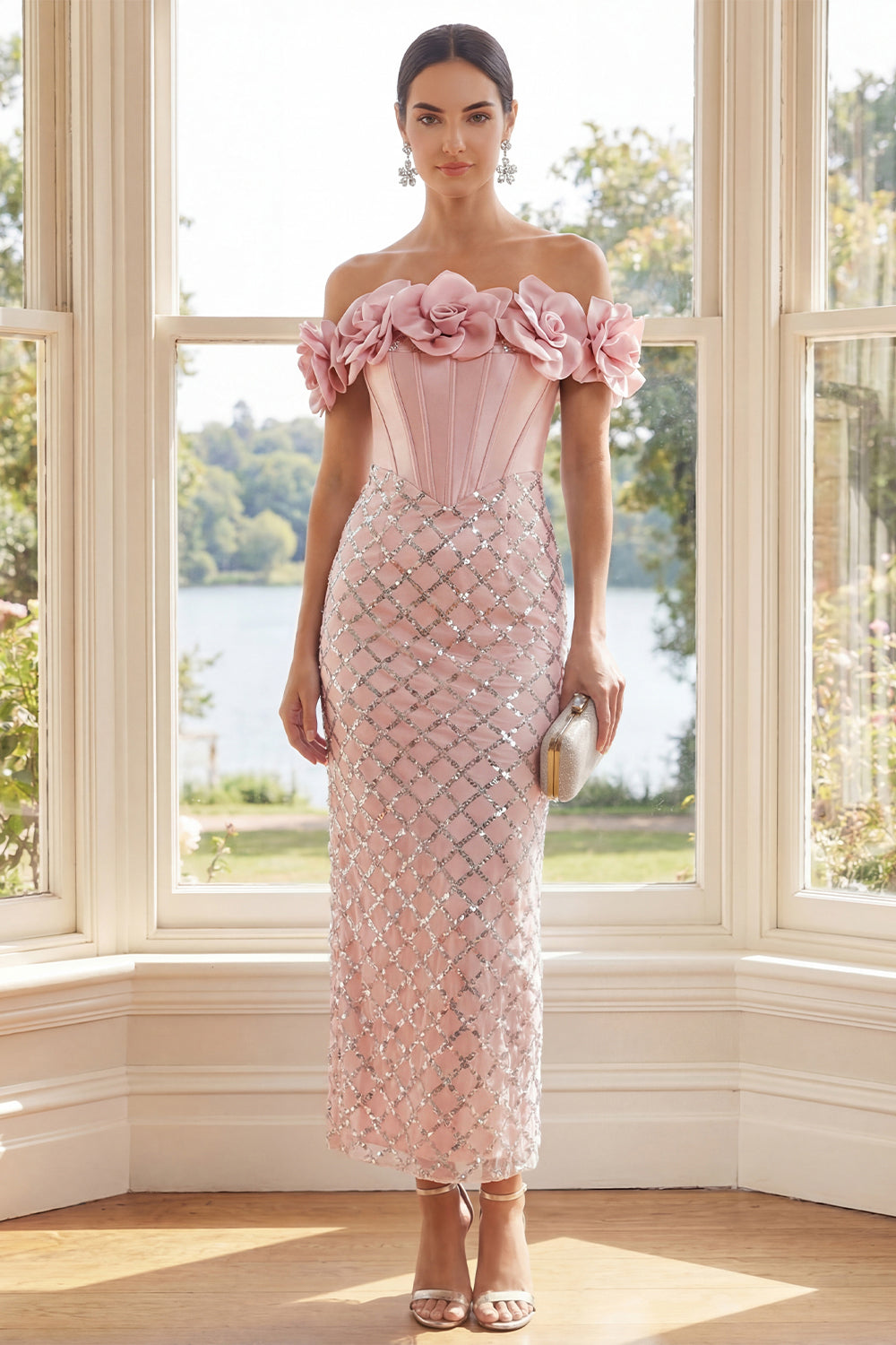 Sparkly Blush Sequin Sheath Maxi Corset Wedding Guest Dress with 3D Flowers