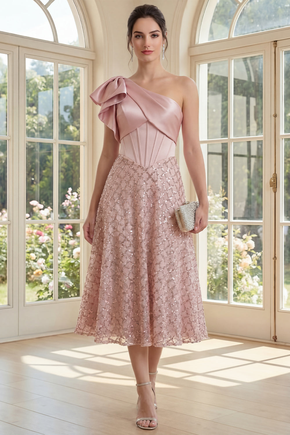 Sparkly Blush A Line Sequin Corset One Shoulder Maxi Wedding Guest Dress with Bow