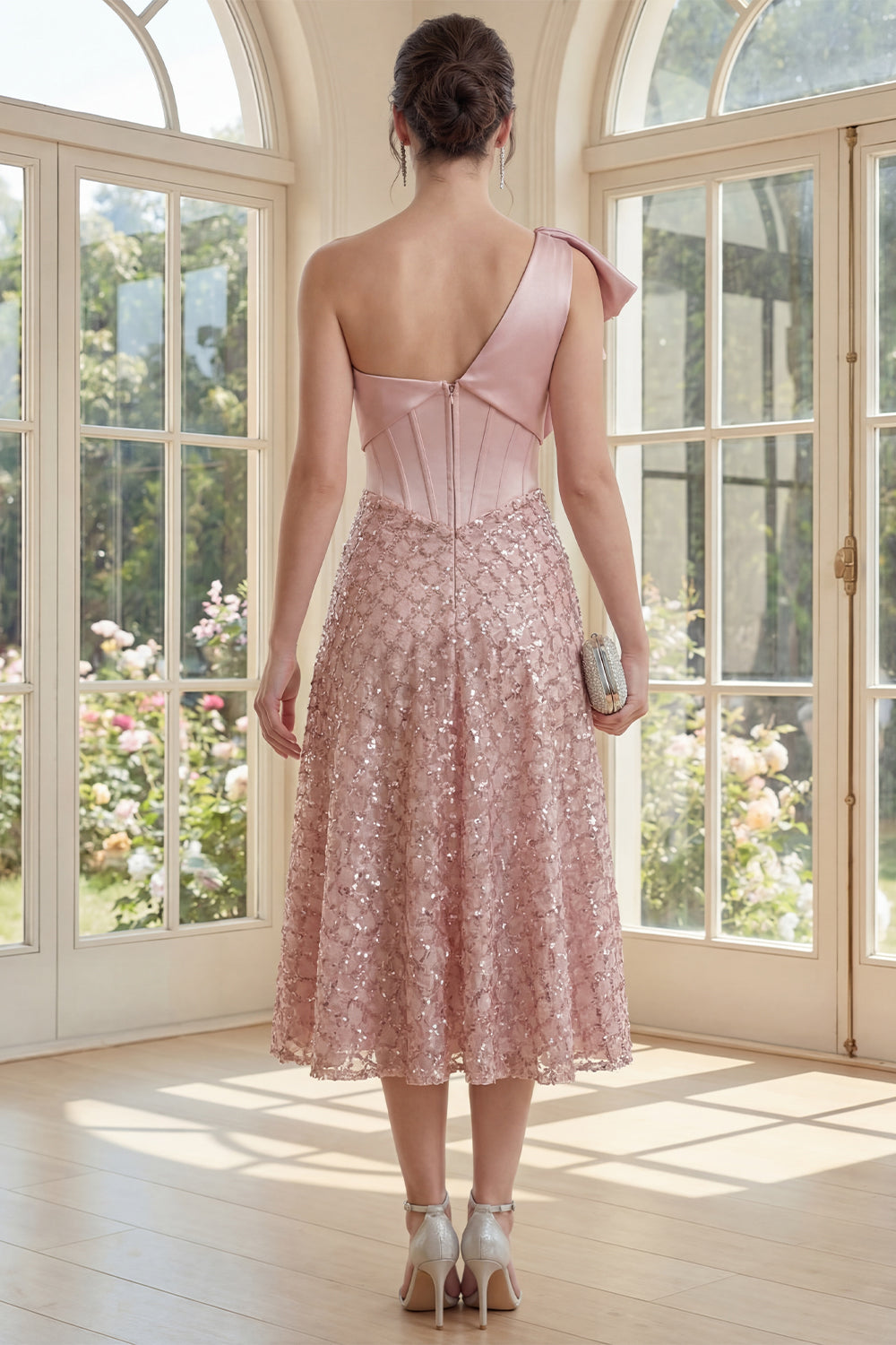 Sparkly Blush A Line Sequin Corset One Shoulder Maxi Wedding Guest Dress with Bow