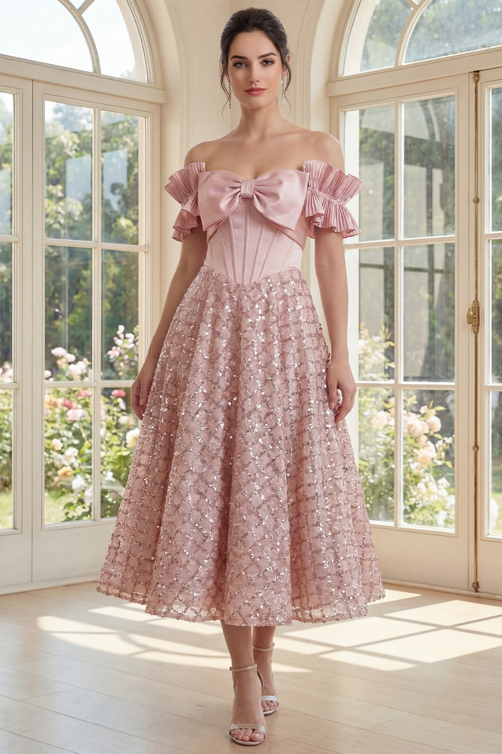 Sparkly Blush Ruffled Sequin Maxi A Line Corset Wedding Guest Dress with Bow