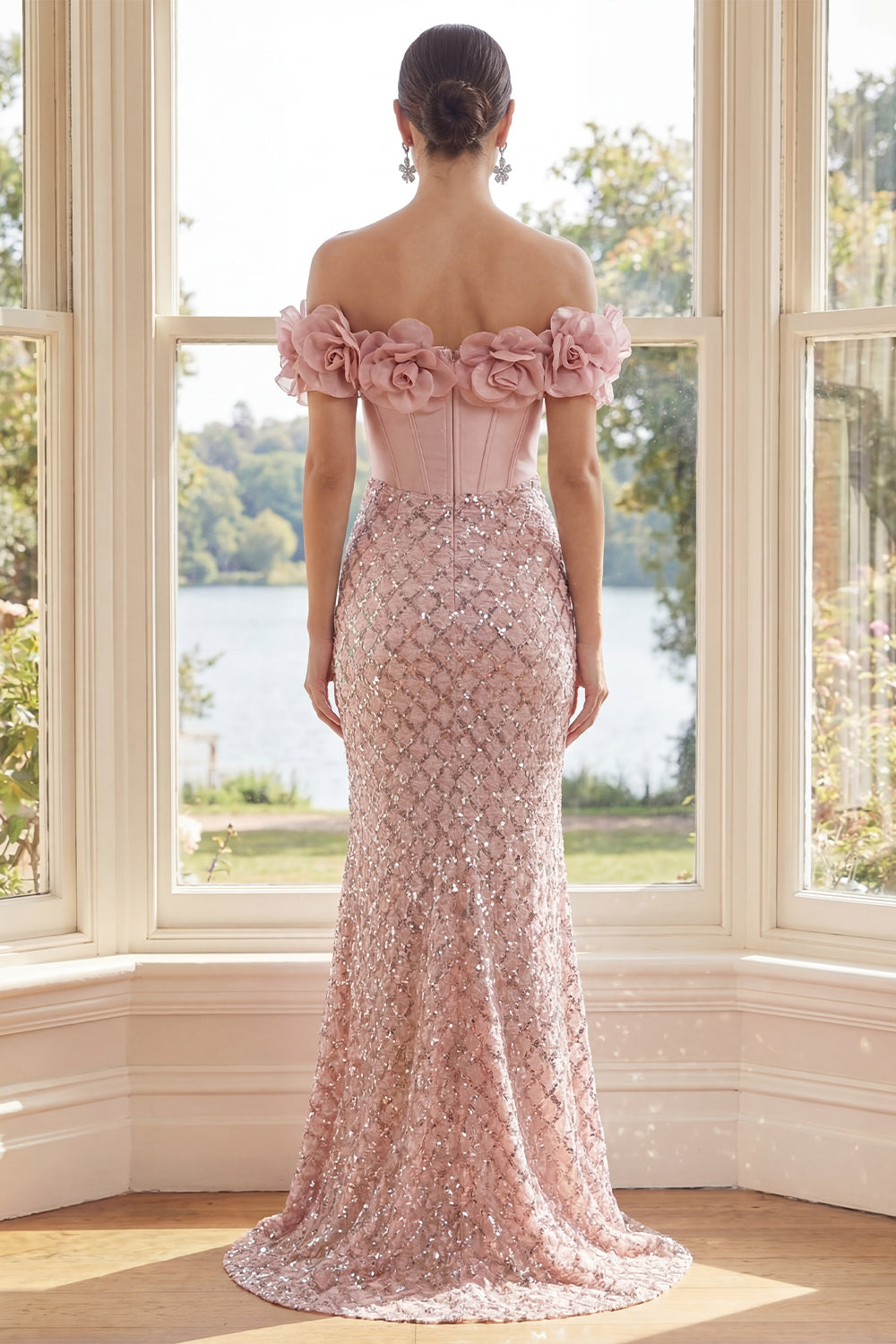 Sparkly Blush Corset Sequin Long Mermaid Wedding Guest Dress with 3D Flowers