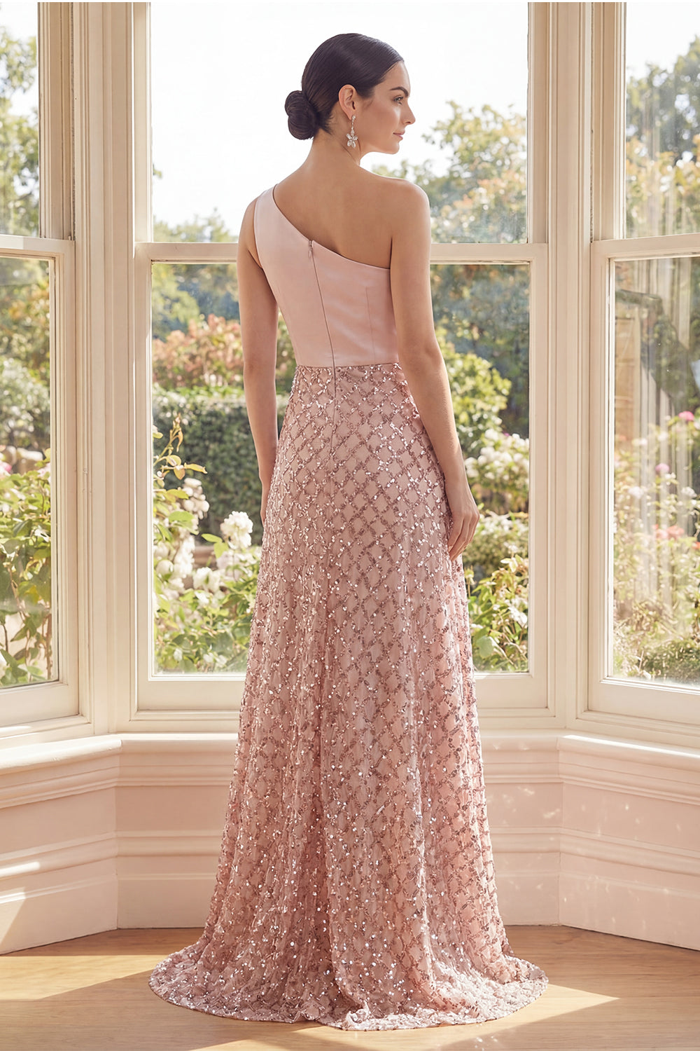 Sparkly Blush A Line Long Sequin One Shoulder Wedding Guest Dress