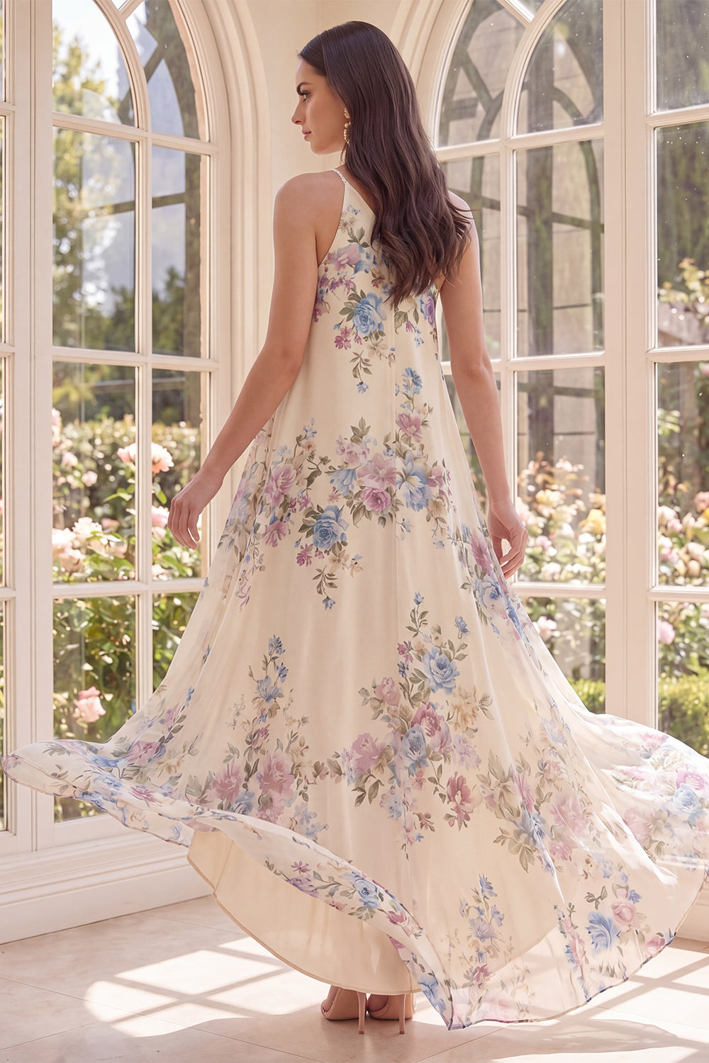 Apricot Floral A Line One Shoulder High Low Beach Wedding Guest Dress